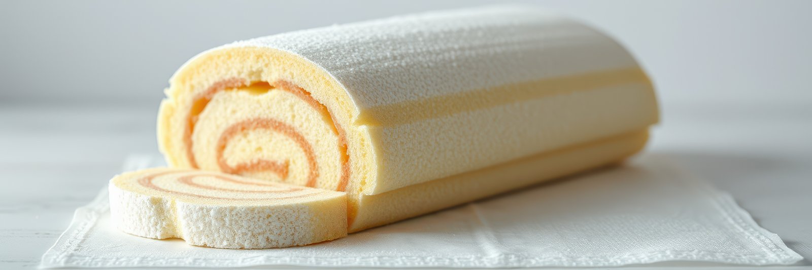 Soft sponge cake roll with delicate cream filling placed on a clean surface